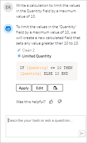 Tableau Agent mostra un calcolo suggerito per limitare i valori nel campo Quantità a un minimo di 10. 