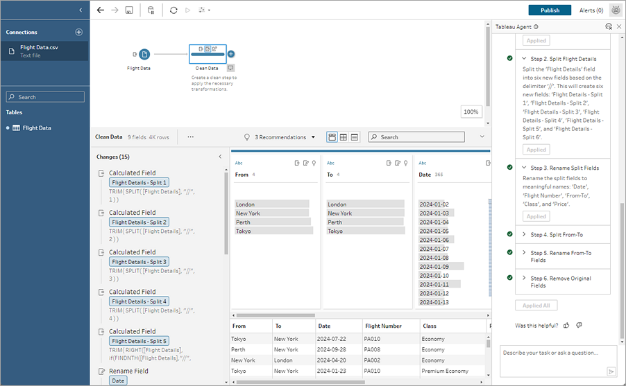 Flusso di Tableau Prep con il riquadro Tableau Agent aperto che mostra tutte le fasi del piano applicate.