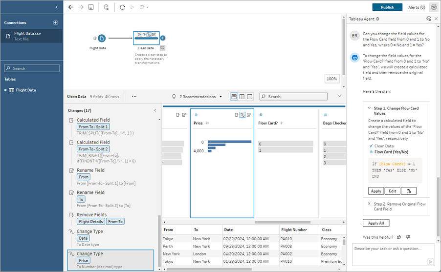 Un flusso di Tableau Prep con Tableau Agent aperto che mostra la risposta alla richiesta e all'azione successive.