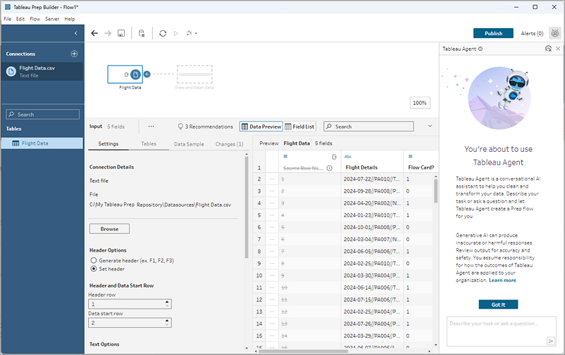Pagina del flusso di Tableau Prep con il riquadro Tableau Agent.