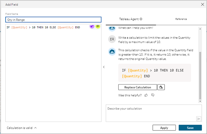 Tableau Agent が計算を返すことを示す Tableau Prep 計算エディター。