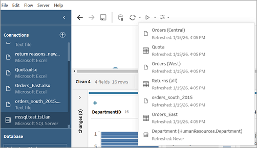 Tableau Prep における、フロー内のデータ ソースのリスト、およびデータ ソースが最後に更新された時刻。