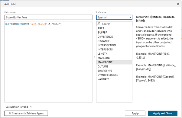 BUFFER 空間関数と構文の例が表示されている Tableau Prep 計算エディター。