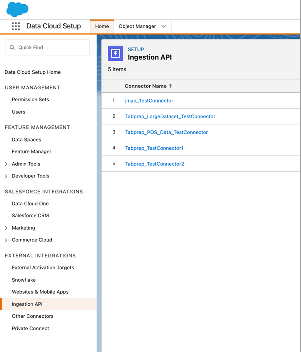De pagina Salesforce Data Cloud API-opname toont een lijst met namen van connectors voor API-opname.