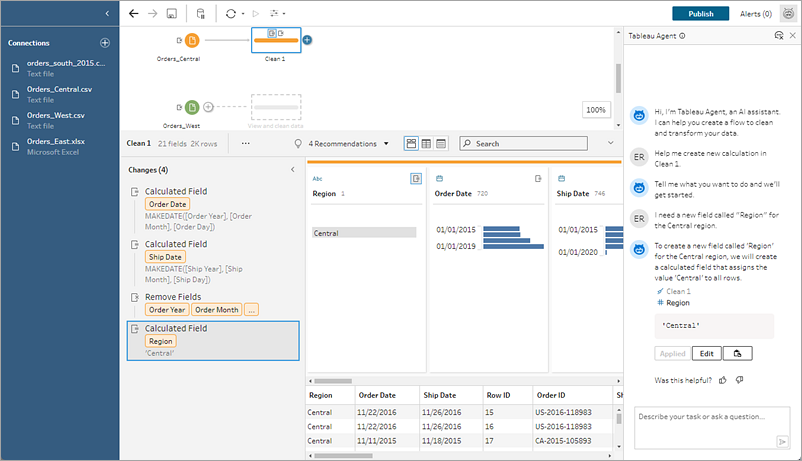 Tableau Prep 流程，其中 Tableau Agent 套用新的計算欄位。