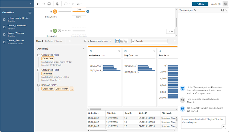 Tableau Prep 流程顯示 Tableau Agent 發出計算請求。