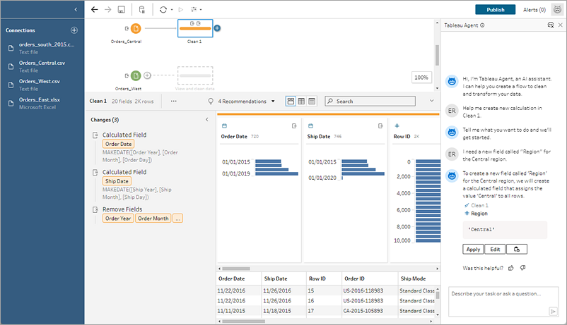 Tableau Prep 流程顯示 Tableau Agent 對計算請求的回應。