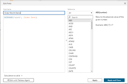 計算對話方塊顯示 Tableau Agent 的結果計算。