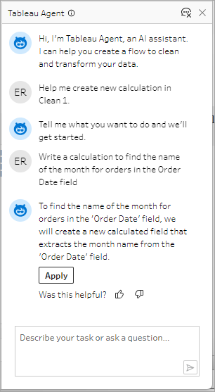 Tableau Agent 窗格顯示建議的計算方法，用於從訂單日期欄位中擷取月份名稱。