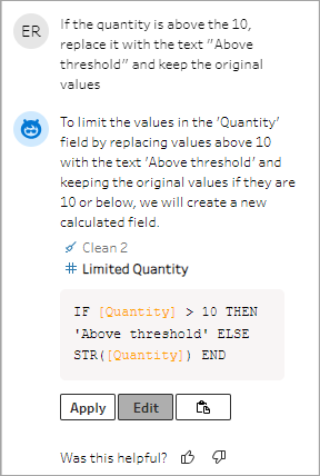 Tableau Agent 顯示提示的迭代以最佳化計算結果。