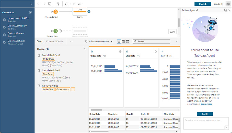 Tableau Prep 流程頁面，其中顯示 Tableau Agent 窗格和歡迎訊息。