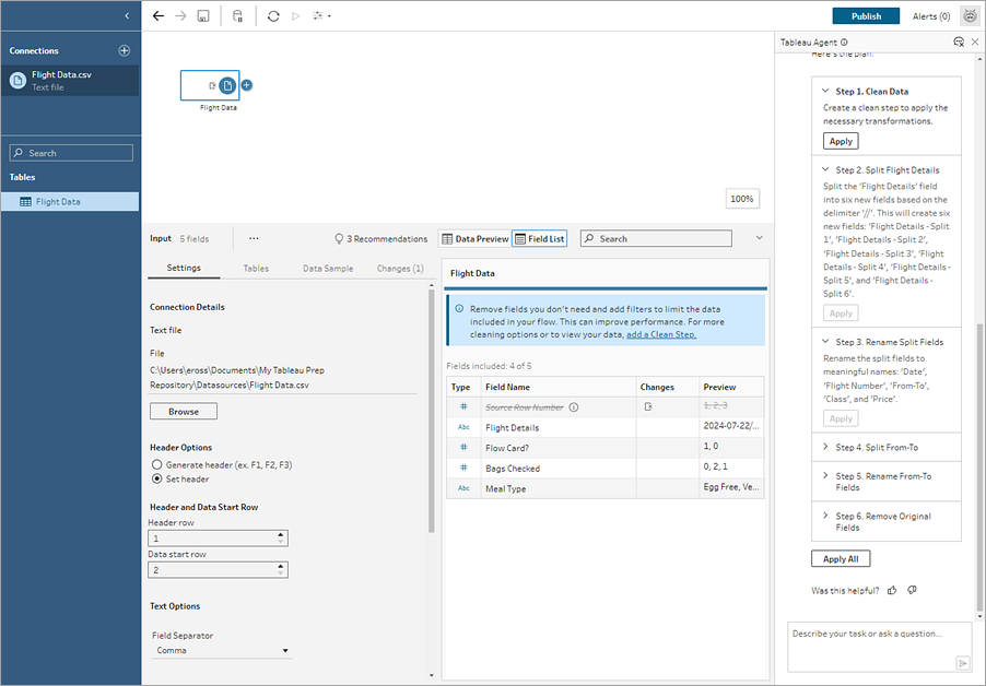 Tableau Prep 流程顯示 Tableau Agent 窗格傳回分割欄位的計劃。