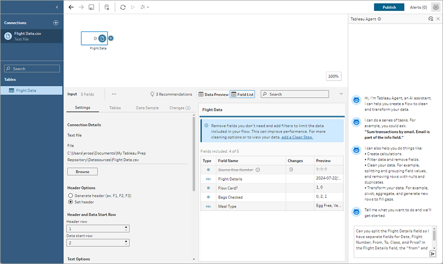 Tableau Prep 流程中開啟 Tableau Agent 窗格，其中顯示要求的動作。