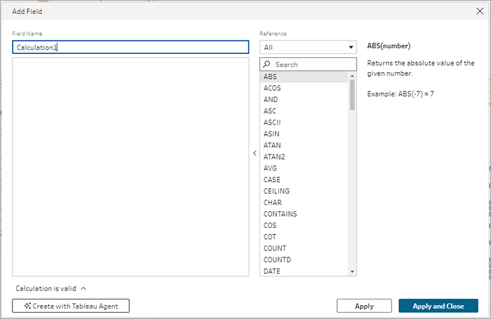 Tableau Prep 計算對話方塊顯示「使用 Tableau Agent 建立」按鈕。