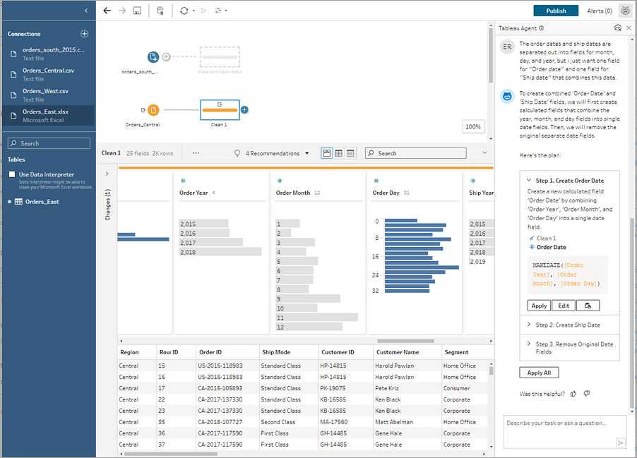 Tableau Prep 中的 Tableau Agent，顯示流程中資料的清理計劃。
