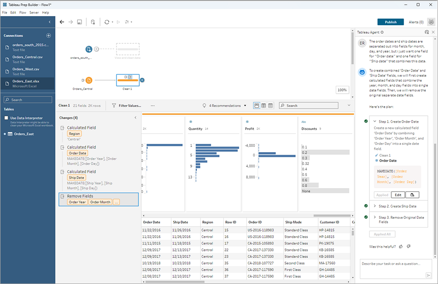 Tableau Prep 中的 Tableau Agent 顯示應用程式的步驟和變更。