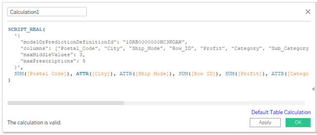 Beispiel für die SCRIPT_REAL-Funktion mit Skript für das Einstein Discovery-Vorhersagemodell, das einer Tableau-Berechnung als Analyseerweiterung hinzugefügt wurde und die Verwendung optionaler Parameter zeigt