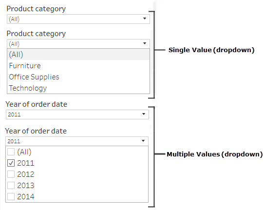 Eine Dropdown-Liste mit einem einzelnen Wert, gefolgt von einer Dropdown-Liste mit mehreren Werten und Kontrollkästchen