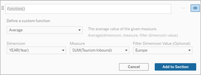 Ein geöffnetes Feld zum Eingeben der Funktion und Dropdown-Menüs zum Definieren einer benutzerdefinierten Funktion, Dimension, Kennzahl und eines Filterdimensionswerts.