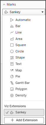 Dropdown-Menü der Markierungskarte mit der vergrößerten Sankey-Erweiterung im Abschnitt „Visualisierungserweiterungen“.