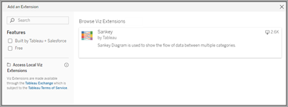 Fügen Sie ein Dialogfeld „Erweiterung“ hinzu, um nach einer Erweiterung aus Tableau Exchange zu suchen und diese hinzuzufügen.