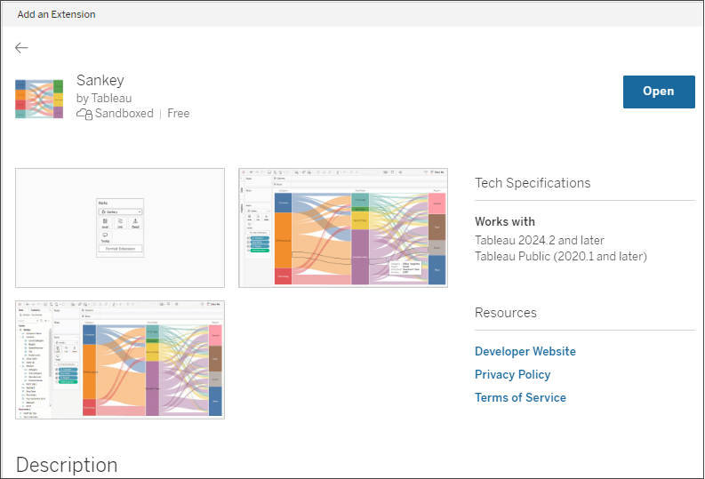 Tableau Exchange-Beschreibungsseite für das Sankey-Diagramm, entwickelt von Tableau.]