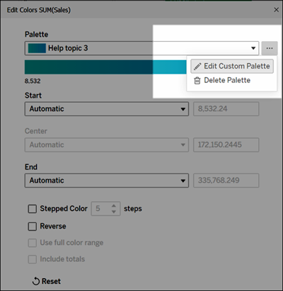 Edit Colours dialog for a qualitative palette with options to modify or delete a custom palette.