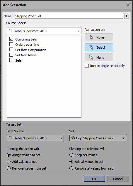 Add or Edit Set Action dialog box showing different settings for set actions.