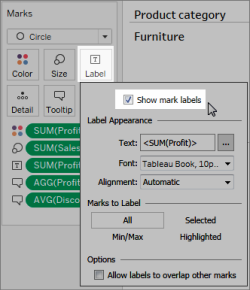 The marks card with the label menu menu expanded and the show mark labels box ticked