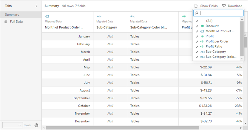 Example table shown in the Summary tab of the View Data window with the Show Fields menu displayed