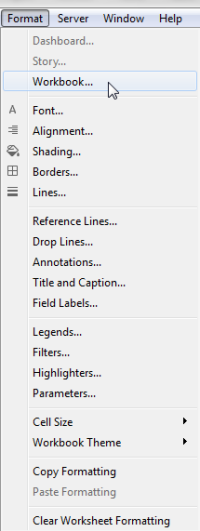 The workbook formatting menu found in Tableau Desktop