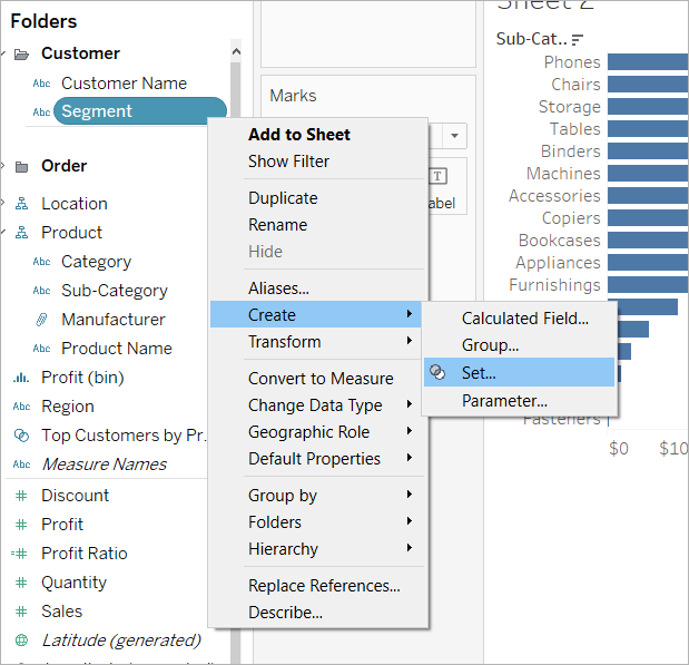 Right-click Segment field, select Create and then select Set.