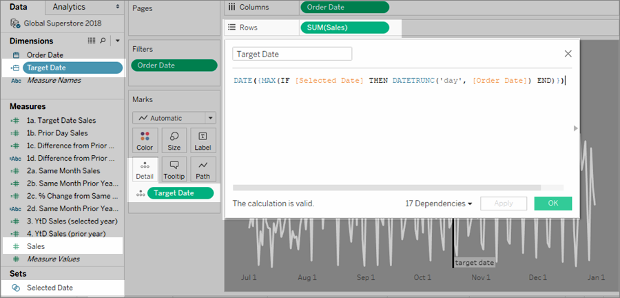 Sales field placed on Rows shelf. Target Date calculated field place on Detail.