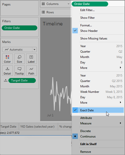 Order Date placed on Columns self. Right-click Order Date field in the view to set the date type to Exact Date.