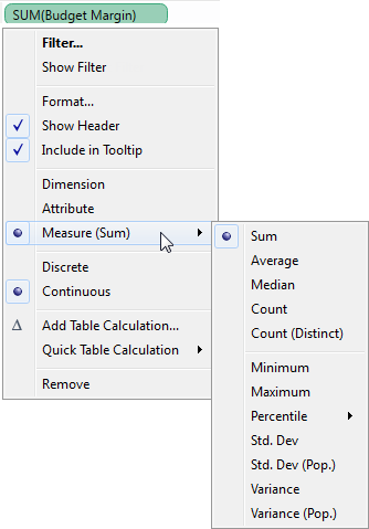 A graphic depicting how to change the aggregation of a measure using the field’s context menu.