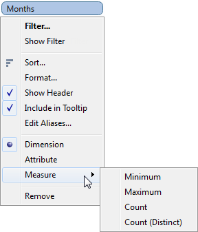 A graphic depicting how to aggregate a dimension using the options in the field’s context menu.