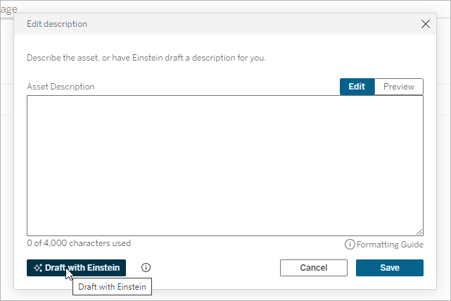 Edit description dialog with the Draft with Einstein button