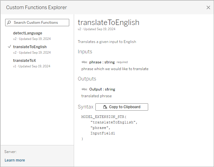 The Custom Functions Explorer showing the description, inputs, outputs and syntax of a deployed model