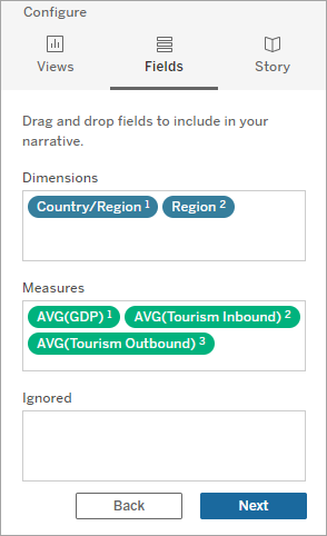 Configure pane with the option to drag and drop dimensions and measures that you want included in your story