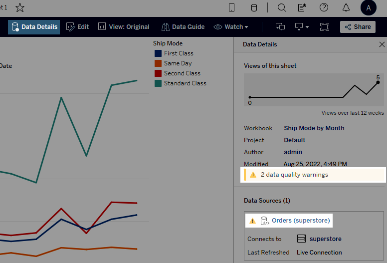 High visibility data quality warning on the Data Details pane