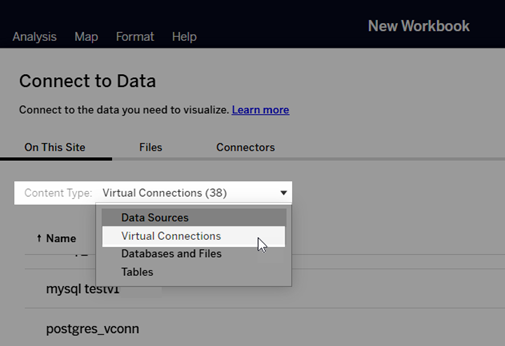 Selecting a virtual connection when connecting to data