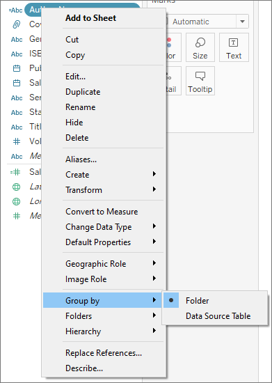 open field menu showing the group by option