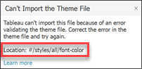 An error message that shows the location of an error validating a theme file.