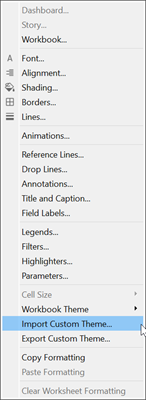A format menu with "Import Custom Theme" option chosen.