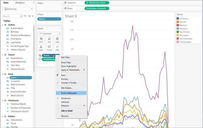 the drop-down menu for the field Genre and the same field highlighted in the Data pane