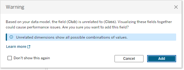 the relatedness warning dialog showing a warning for unrelated dimensions