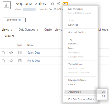 Acceleration option from the More options menu on the workbook page