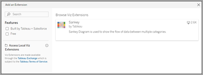 Add an Extension dialog box to search for and add an extension from the Tableau Exchange.