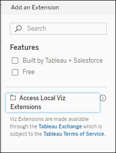 Add an Extension dialog box with the option to Access Local Viz Extensions.