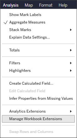An Analysis drop-down menu displaying various settings and a highlighted Manage Workbook Extensions option.